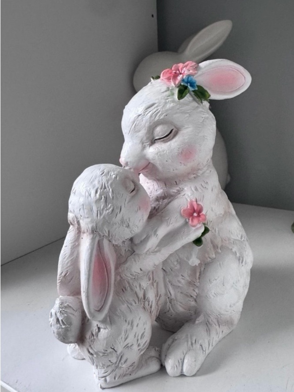 White Bunny Figurine with Pink Floral Accents - Home Art Decor new